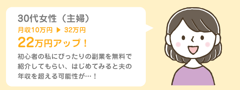 30代女性（主婦）月収10万円 ▶ 32万円、22万円アップ！